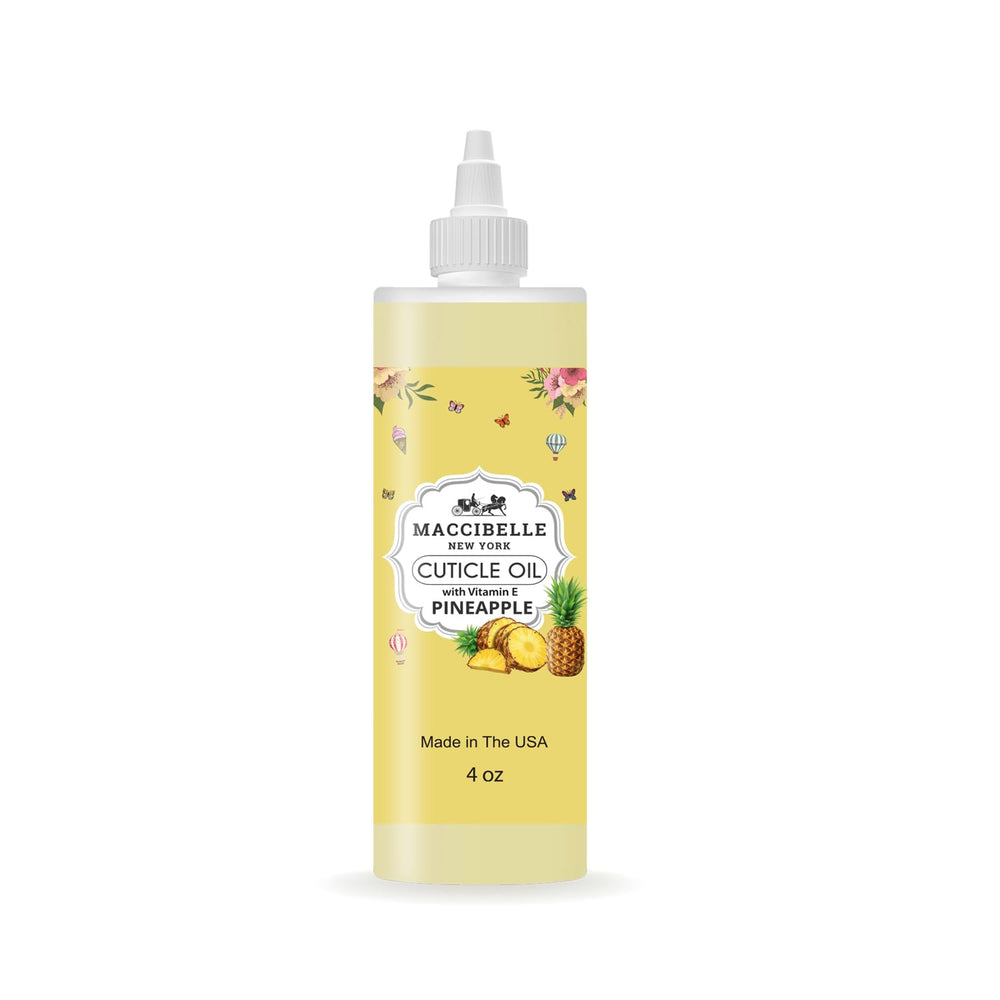 Huile cuticule Maccibelle ananas dans une bouteille recharge, hydratation ciblée.