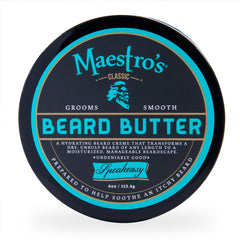 Beurre Maestro's Classic Speakeasy en bouteille, application précise et barbe soignée.