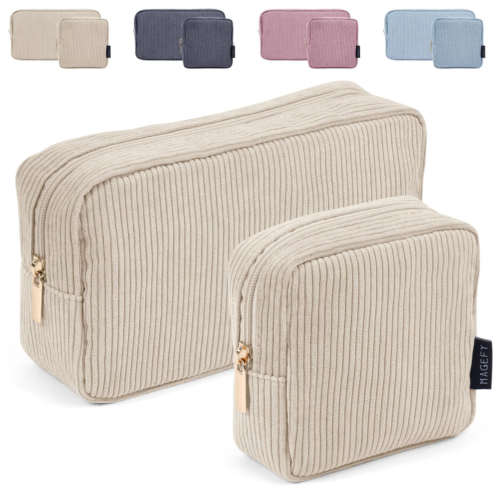 Trousse Magefy en velours côtelé beige, idéale pour ranger le maquillage en voyage.