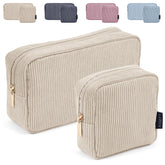 Trousse Magefy en velours côtelé beige, idéale pour ranger le maquillage en voyage.