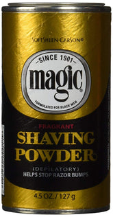 Poudre Magic Shaving dorée parfumée en boîte, lot de 12 pour rasage pratique.