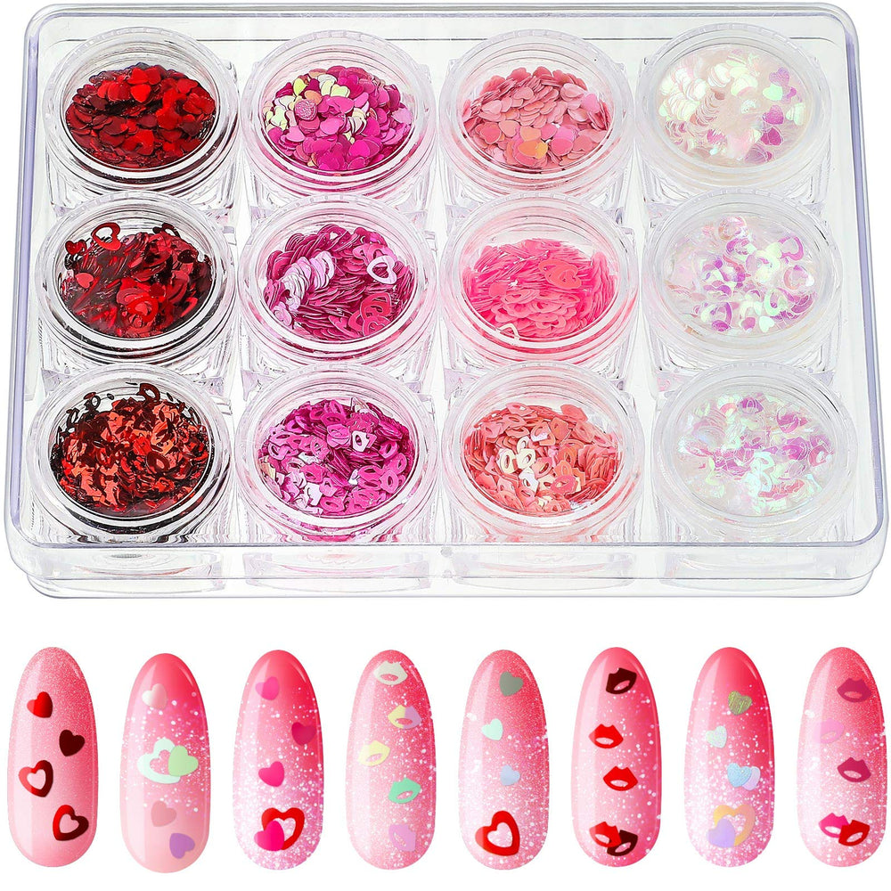 Maitys paillettes ongles coeurs rouges Saint-Valentin, brillance festive.