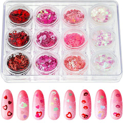Maitys paillettes ongles coeurs rouges Saint-Valentin, brillance festive.