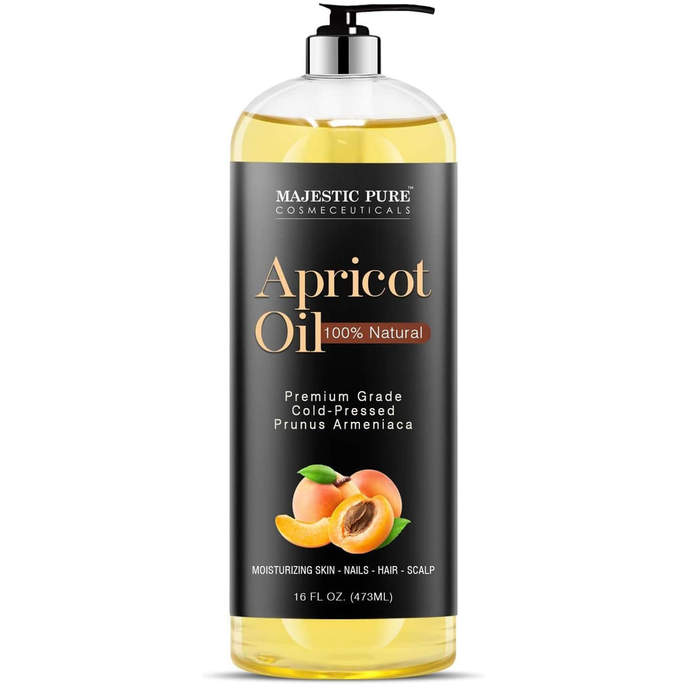Majestic Pure Apricot Oil bottle on white background for skin care