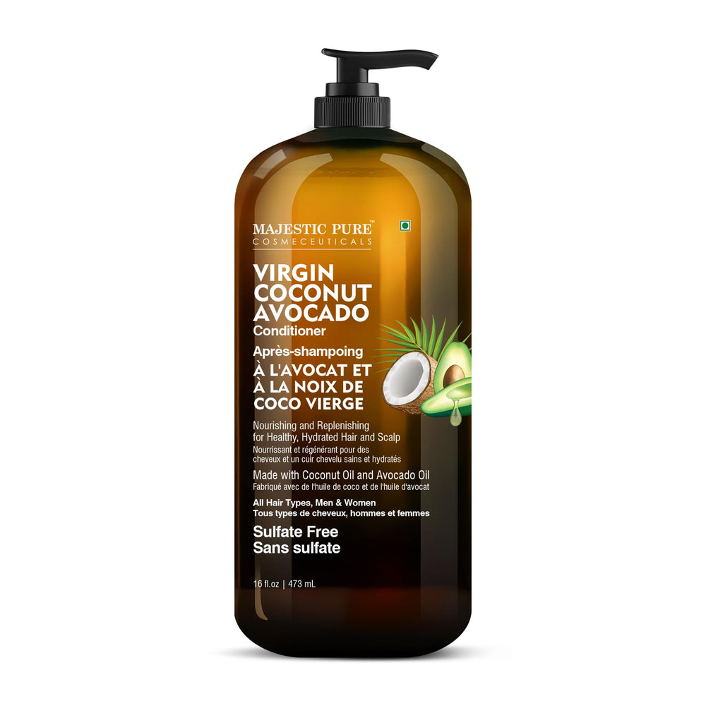 Majestic Pure Avocado Coconut Conditioner bottle on a bathroom shelf for daily hydration