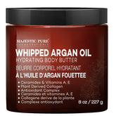 Majestic Pure Beurre corporel argan battu: texture riche pour peau hydratée.