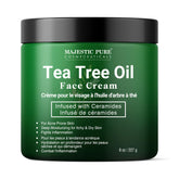 Majestic Pure Crème Visage Tea Tree Oil sur bouteille, hydratation ciblée pour peau sèche.