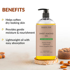 Majestic Pure huile d'amande douce étiquette : produit pur et naturel pour routine beauté.