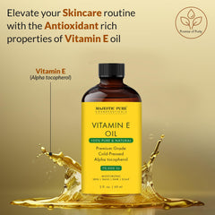 Majestic Pure huile vitamine E, vue rapprochée du flacon pour les cheveux.