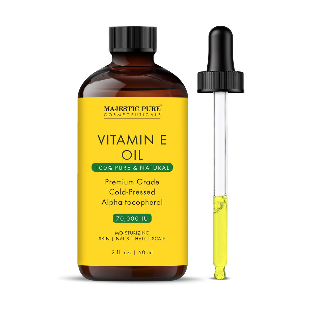 Majestic Pure huile vitamine E, bouteille 2 oz, hydratation simple pour visage et corps.