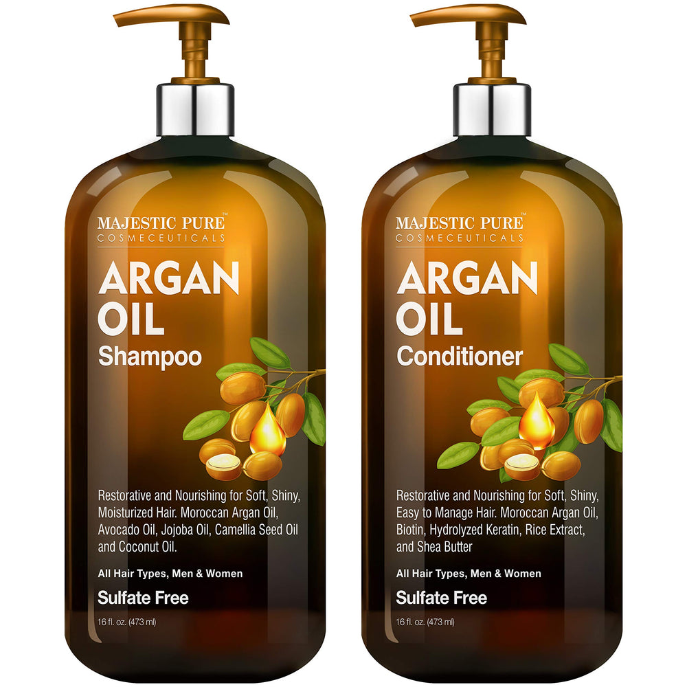 Majestic Pure Shampoing huile argan dans bouteille, soin nourrissant laissant les cheveux brillants.