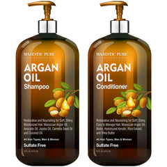 Majestic Pure Shampoing huile argan dans bouteille, soin nourrissant laissant les cheveux brillants.
