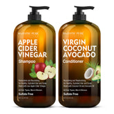 Shampoing Majestic Pure au vinaigre de cidre et bouteille prête à revitaliser les cheveux.