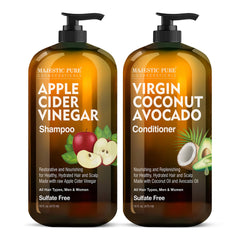 Shampoing Majestic Pure au vinaigre de cidre et bouteille prête à revitaliser les cheveux.