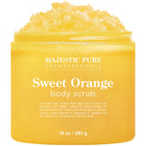 Majestic Pure Sweet Orange Body Scrub jar with bright citrus aroma for refreshed, smooth skin.