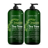 Majestic Pure Tea Tree Body Wash bottle pour shows a refreshing cleanse