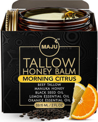 MaJu Tallow Honey Balm dans sa bouteille en verre ambré pour une conservation optimale.
