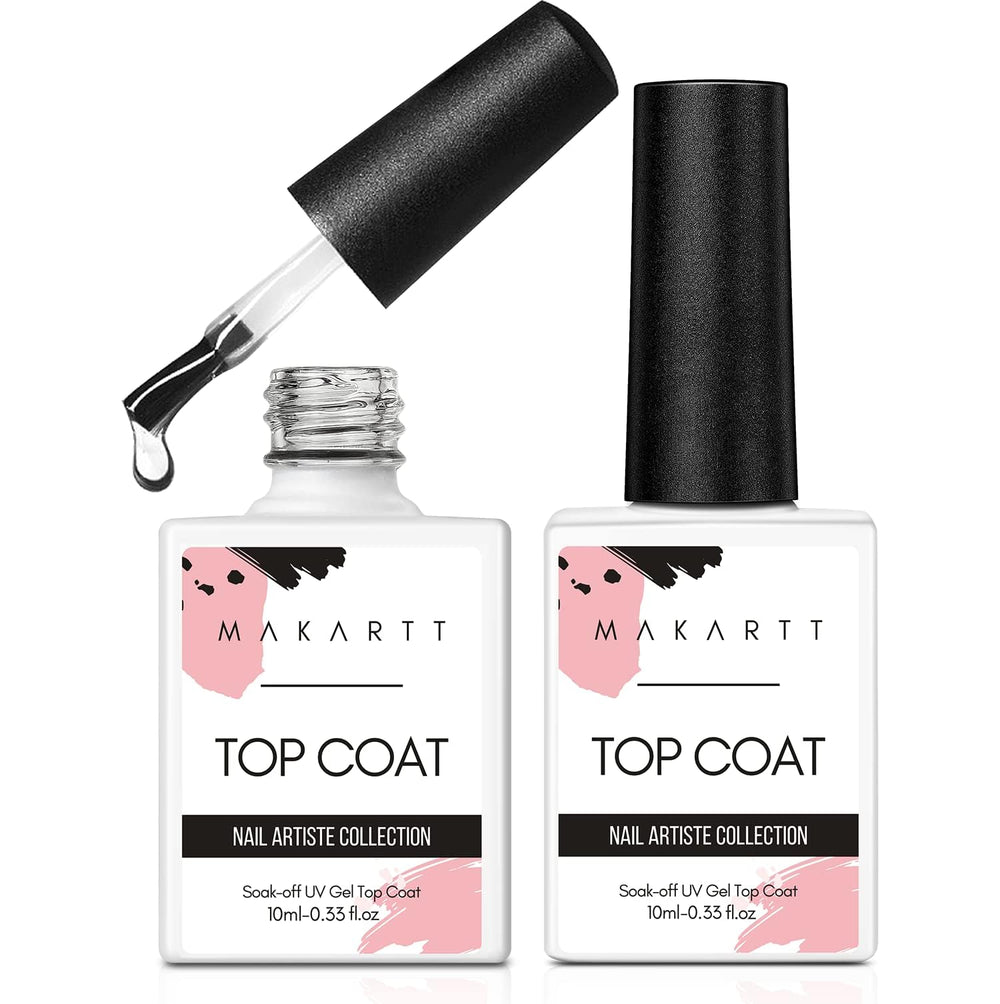 Makartt Gel Top Coat sur flacon clair brillant, finition miroir durable.