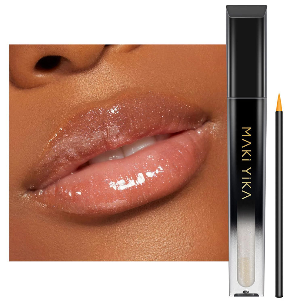 MAKI YIKA Clear Lip Gloss en bouteille claire offrant une brillance durable.