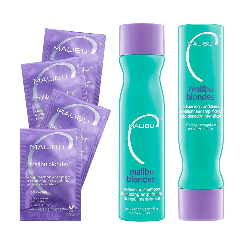 Malibu C Blondes Shampoing : bouteille montrant soin prolongeant la couleur blond et l'hydratation