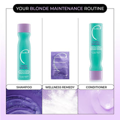 Application sur cheveux mouillés avec Malibu C Blondes Wellness Remedy, brillance accrue.