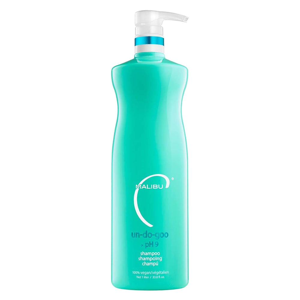 Malibu C Un-Do-Goo: bouteille detox capillaire révélant brillance.