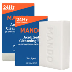 Mando Acidified Cleansing Bar packaging close-up for odor-control and skin safety.