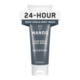 Mando Odor Shield Body Wash bottle, unscented for long-lasting odor control.