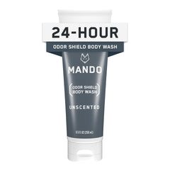 Mando Odor Shield Body Wash bottle, unscented for long-lasting odor control.