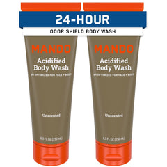 Mando Odor Shield Body Wash – bouteille sans parfum pour une fraîcheur durable après chaque douche.