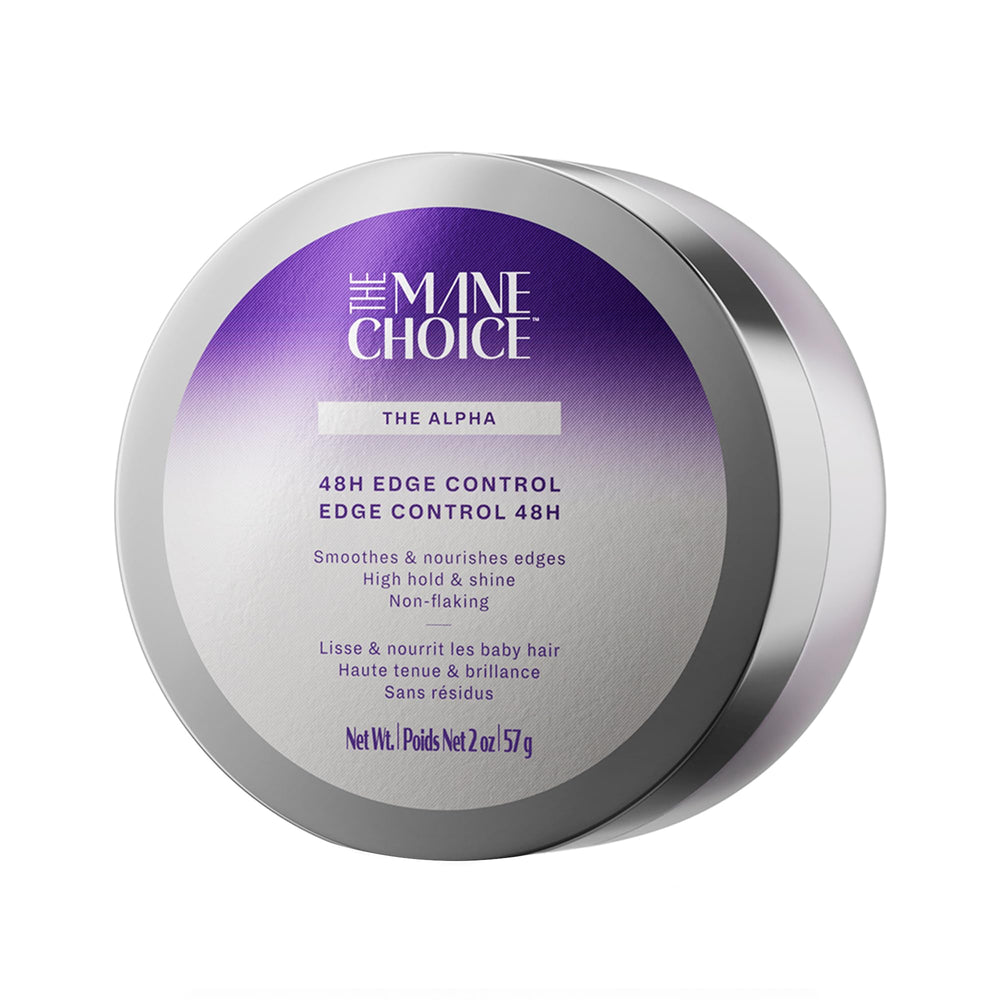 Le The Mane Choice The Alpha 48H Edge Control, bouteille, offre tenue durable et brillance subtile.