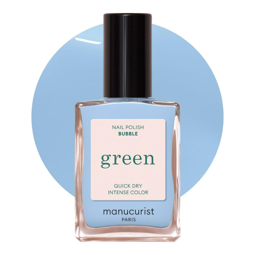 Manucurist Green Bubble vernis bleu pastel sur bouteille, aspect durable.