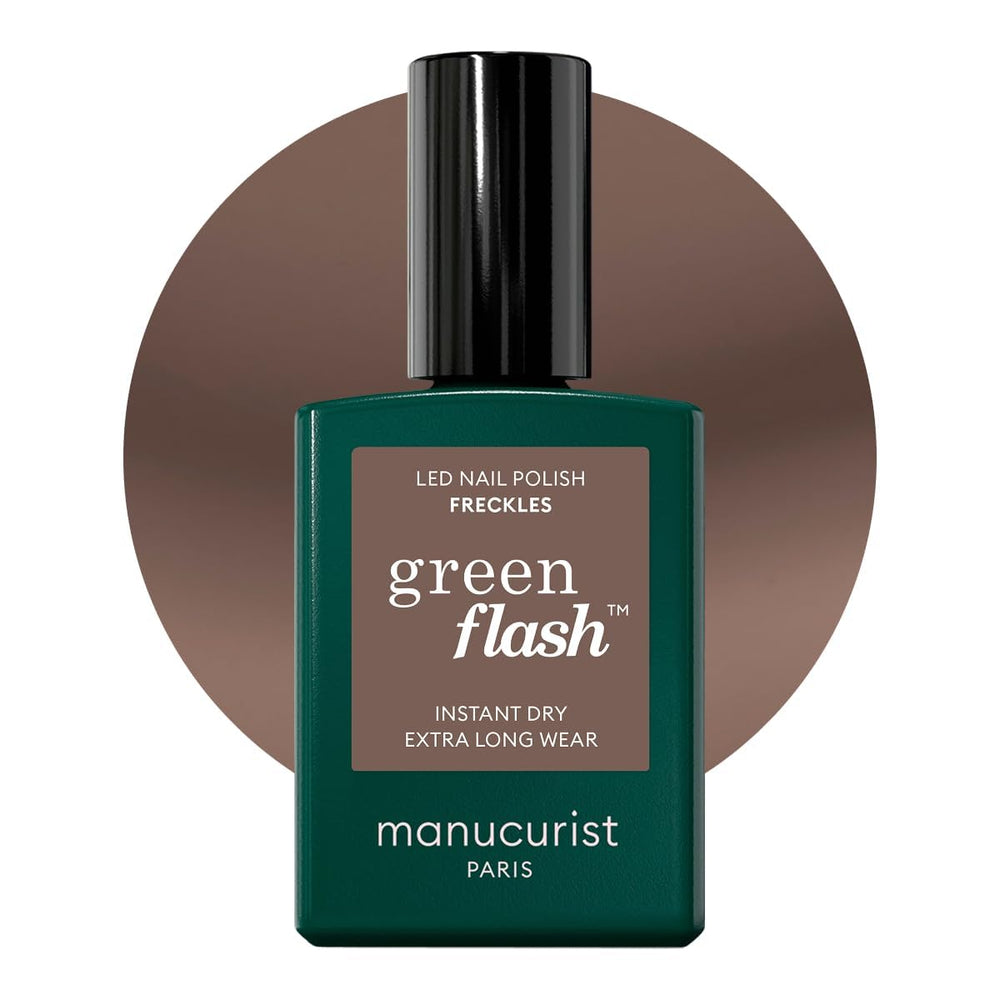 Vernis Manucurist Green Flash Freckles, bouteille brun neutre, application fluide.