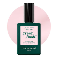 Manucurist Green Flash Milky Pink, bouteille vernis gel, couleur lumineuse et naturelle.