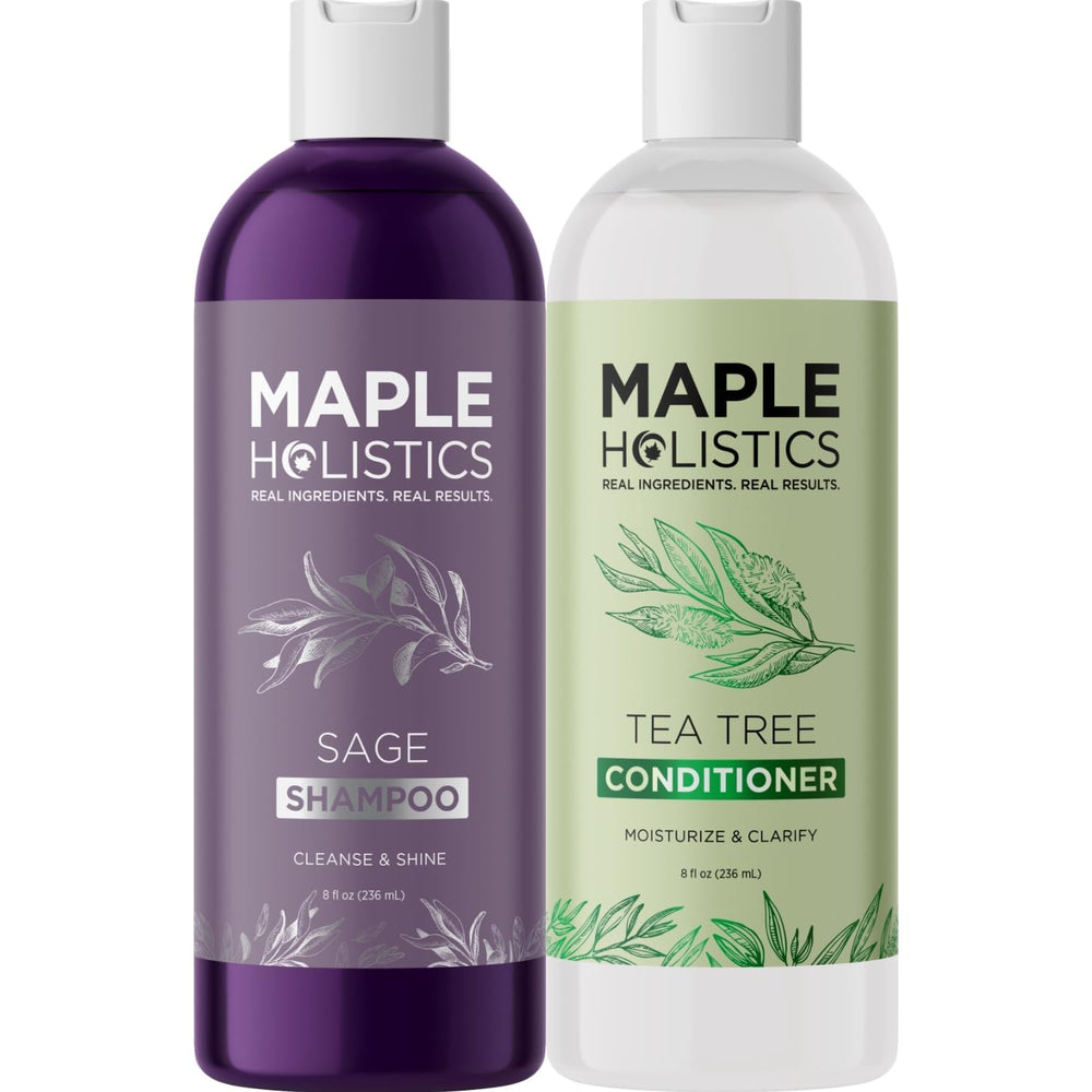 Maple Holistics Shampoing arbre à thé sauge romarin, bouteille idéale pour un soin capillaire rafraîchissant.