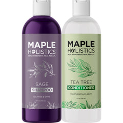 Maple Holistics Shampoing arbre à thé sauge romarin, bouteille idéale pour un soin capillaire rafraîchissant.