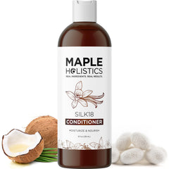 Maple Holistics Silk18 – bouteille du produit, soin hydratant pour cheveux secs et abîmés.