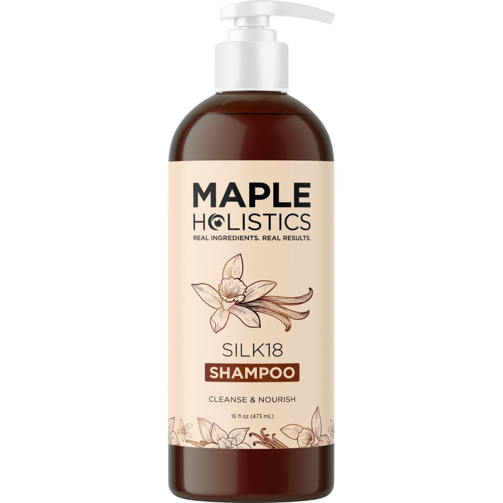 Maple Holistics Silk18 shampoo bottle close-up highlighting ultra hydrating formula for dry hair