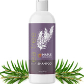 Maple Holistics Tea Tree Shampoo bottle highlights a clarifying formula for oily hair.