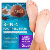 MAREE masque-pieds 3-en-1 offrant exfoliation douce et hydratation ciblée.