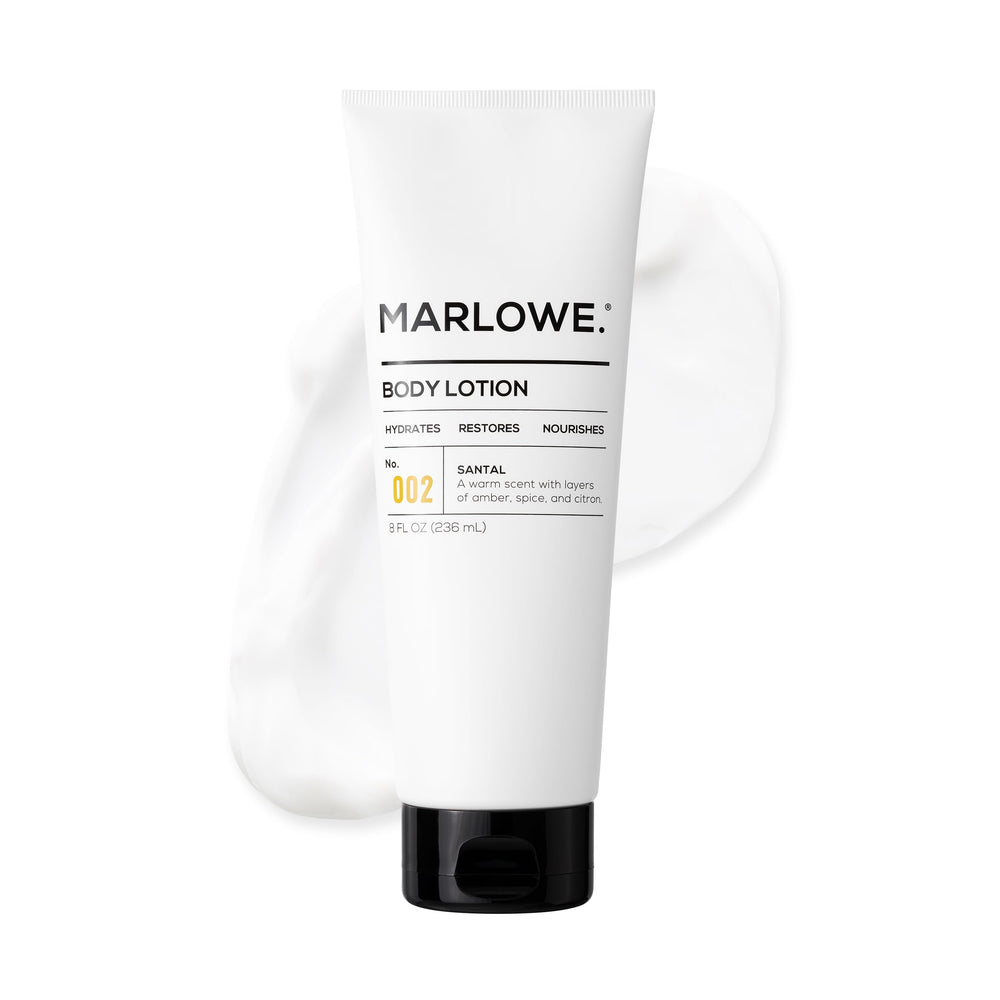 MARLOWE No. 002 Santal Body Lotion sur flacon élégant, hydratation quotidienne.