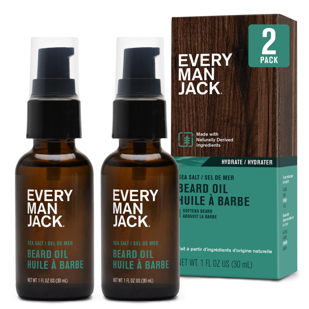 Huile barbe Every Man Jack, flacon, parfum marin, hydratation durable