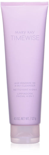 Bouteille Mary Kay TimeWise 3D 4-en-1 nettoyant, idéal pour peau normale à sèche, préparation soin.