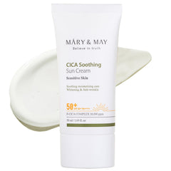 Mary&May Crème Solaire CICA SPF50+ dans un flacon, protection fiable et hydratation.
