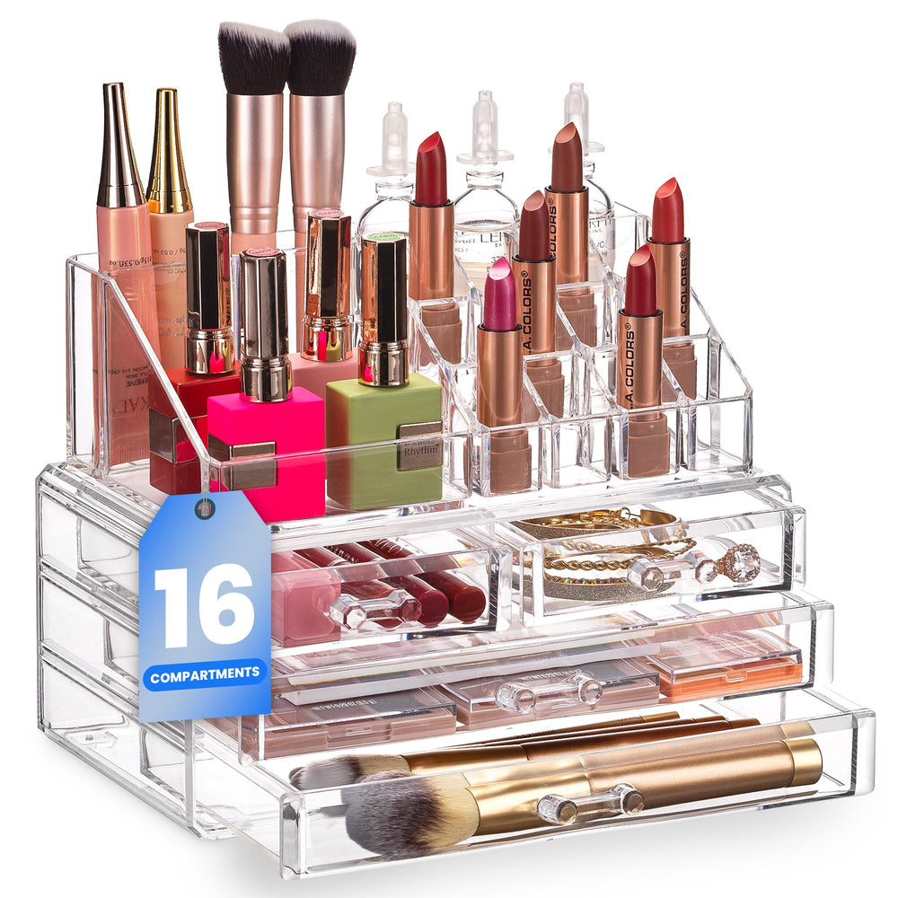 Masirs Organisateur Maquillage Clair: 16 compartiments pour un accès rapide.