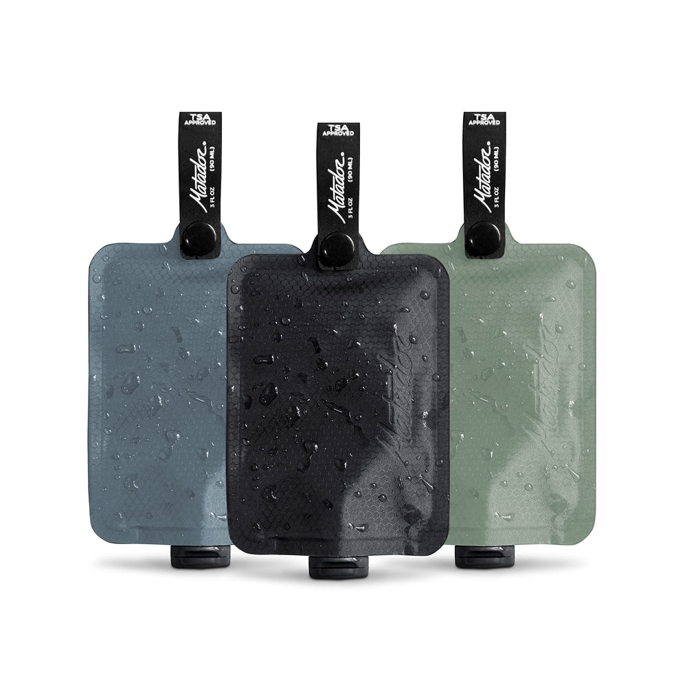 Bouteilles Matador Toiletries 3Pack compactes, parfaites pour bagages légers et organisés.