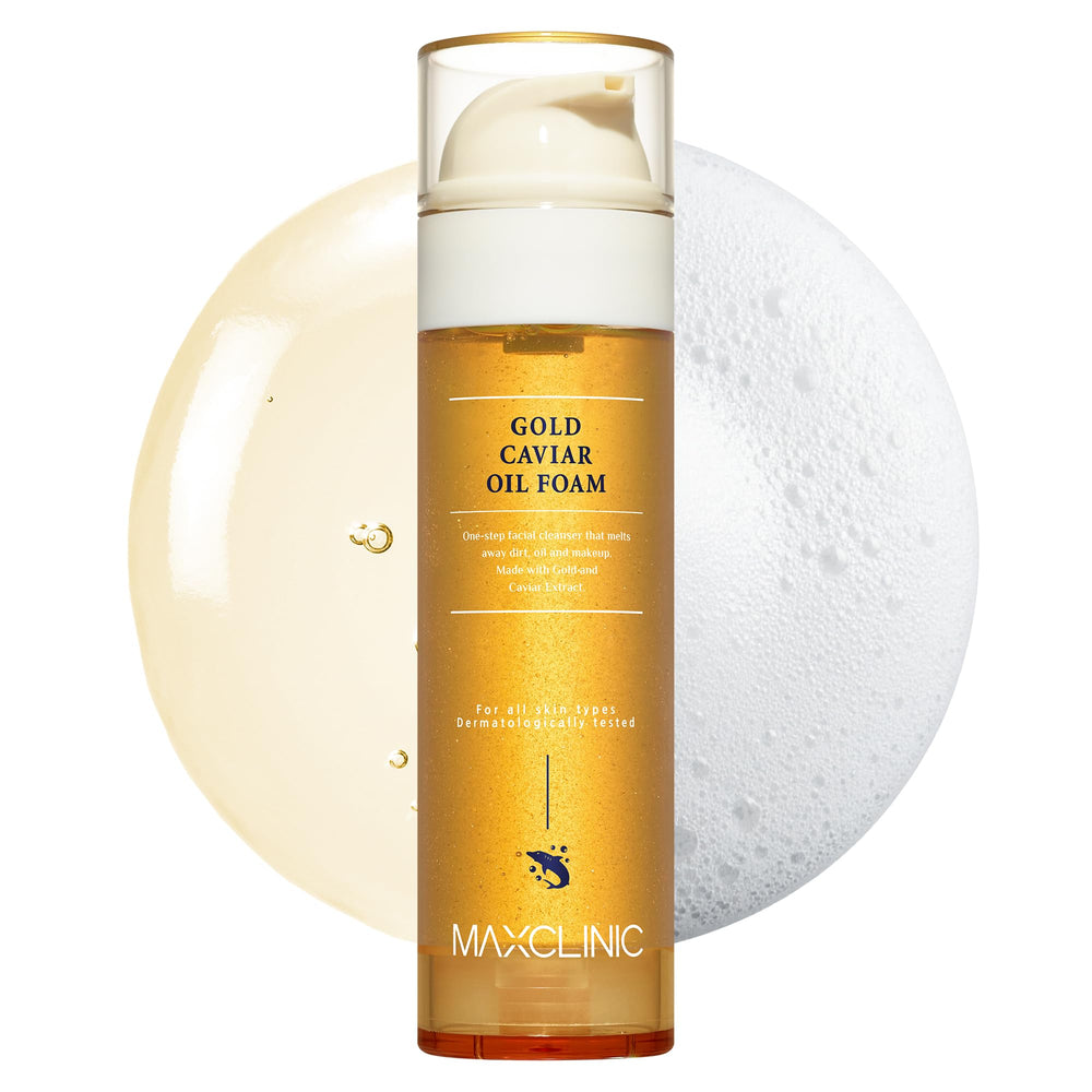 MAXCLINIC Gold Caviar Oil to Foam: bouteille prête à nettoyer en douceur et rafraîchir la peau.