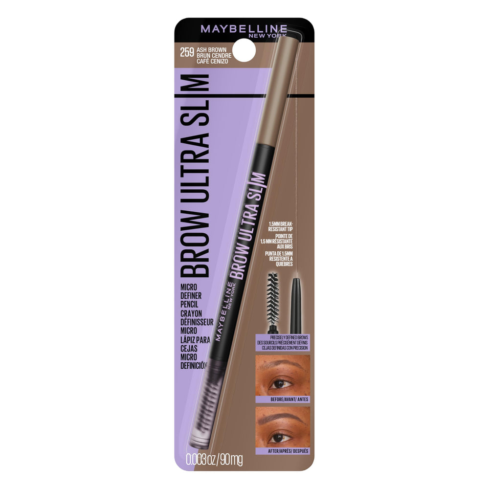 Maybelline Express Brow Ultra Slim : crayon pointe 1,5 mm pour des traits précis et naturels.