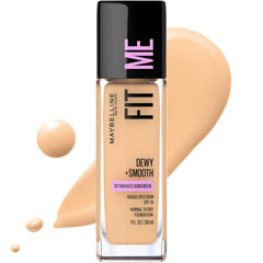Maybelline Fit Me Dewy + Smooth fond de teint Warm Nude, flacon lumineux qui hydrate naturellement.