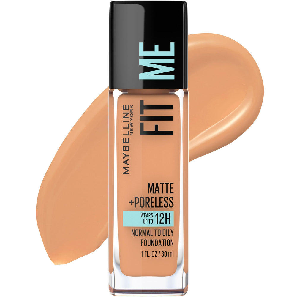 Maybelline fond de teint liquide mat sans pores, bouteille, fini mat et longue tenue.